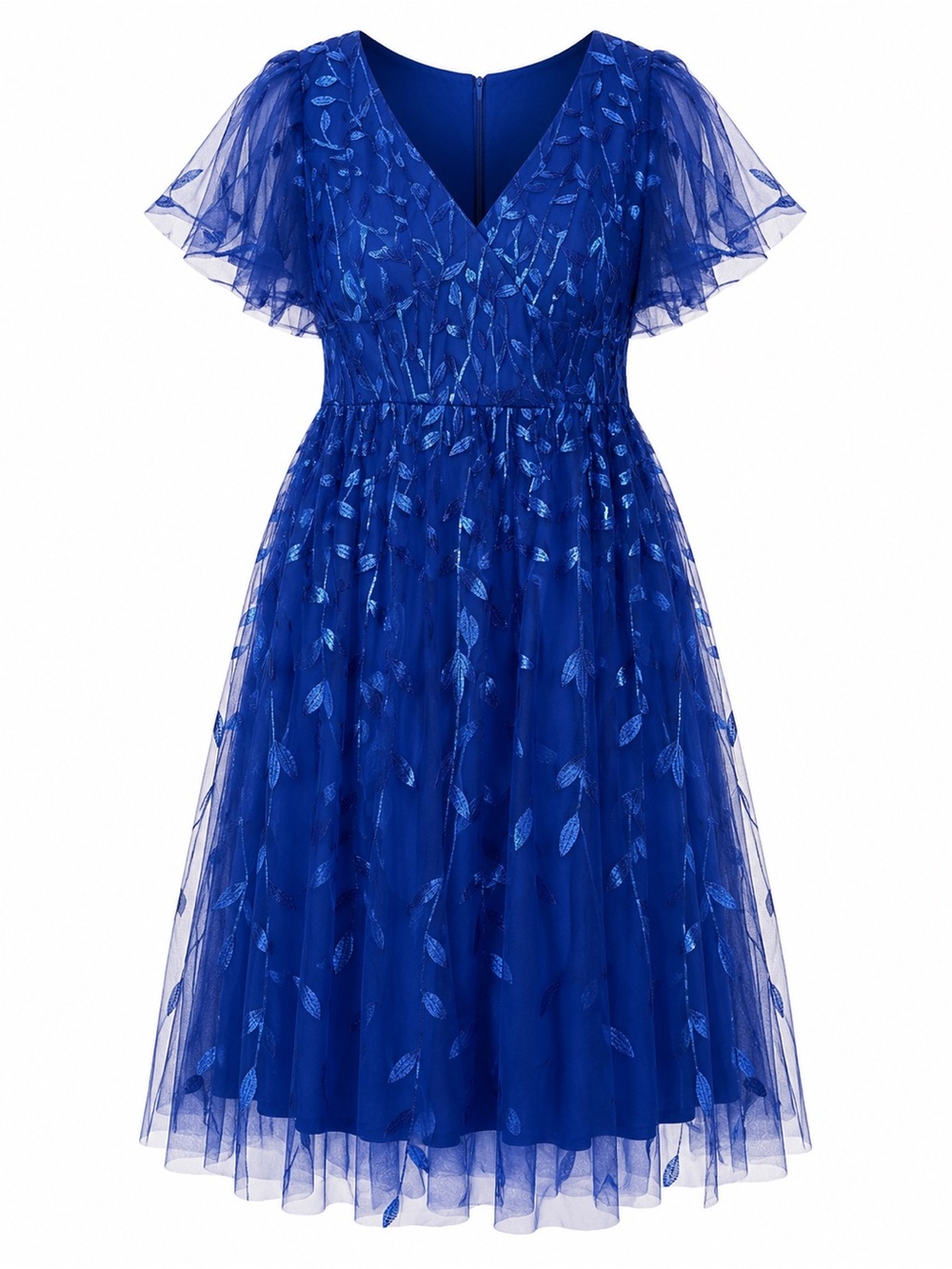 Ever Pretty Royal Blue Sequin Leaf Embroidered Tulle Midi Dress Plus Size 26W